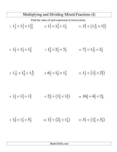 The Multiplying and Dividing Mixed Fractions with Three Terms (I) Math Worksheet