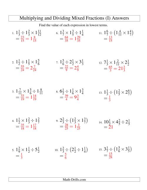 The Multiplying and Dividing Mixed Fractions with Three Terms (I) Math Worksheet Page 2