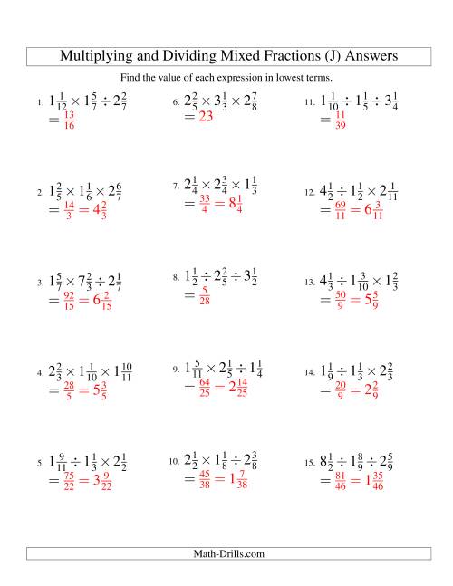 The Multiplying and Dividing Mixed Fractions with Three Terms (J) Math Worksheet Page 2