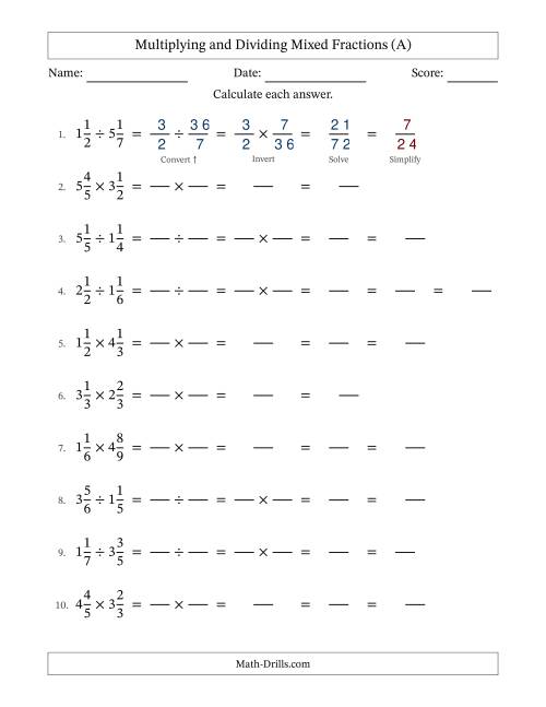 The Multiplying and Dividing Two Mixed Fractions with Some Simplifying (Fillable) (All) Math Worksheet