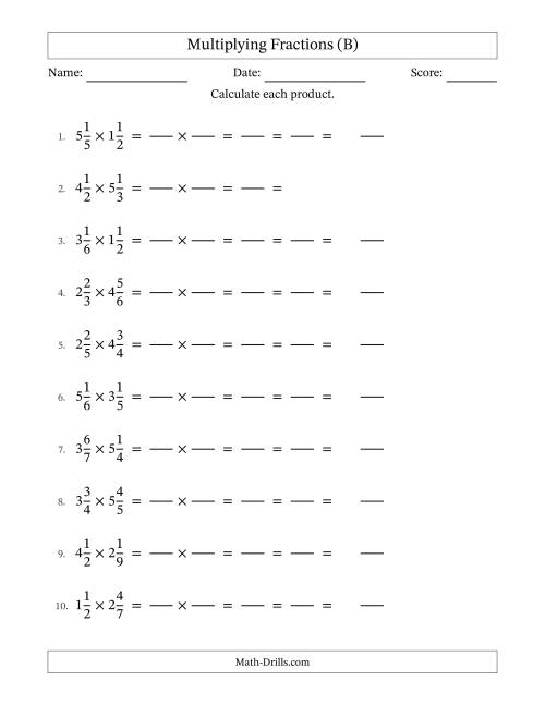 The Multiplying Two Mixed Fractions with All Simplifying (Fillable) (B) Math Worksheet
