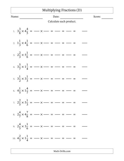 The Multiplying 2 Mixed Fractions (D) Math Worksheet