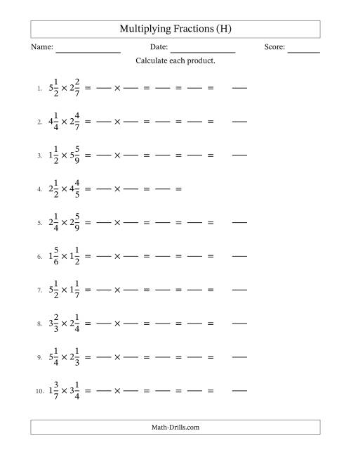 The Multiplying 2 Mixed Fractions (H) Math Worksheet
