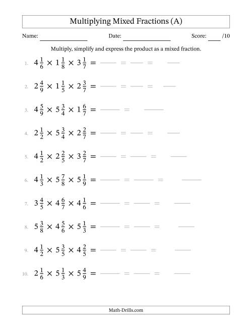 The Multiplying 3 Mixed Fractions (A) Math Worksheet