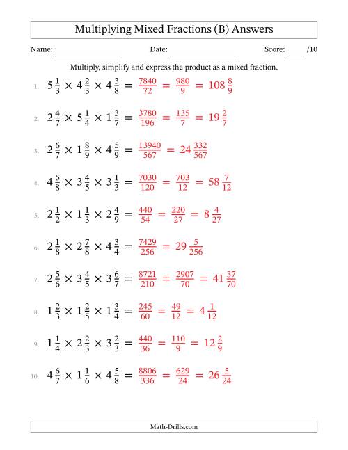 The Multiplying 3 Mixed Fractions (B) Math Worksheet Page 2