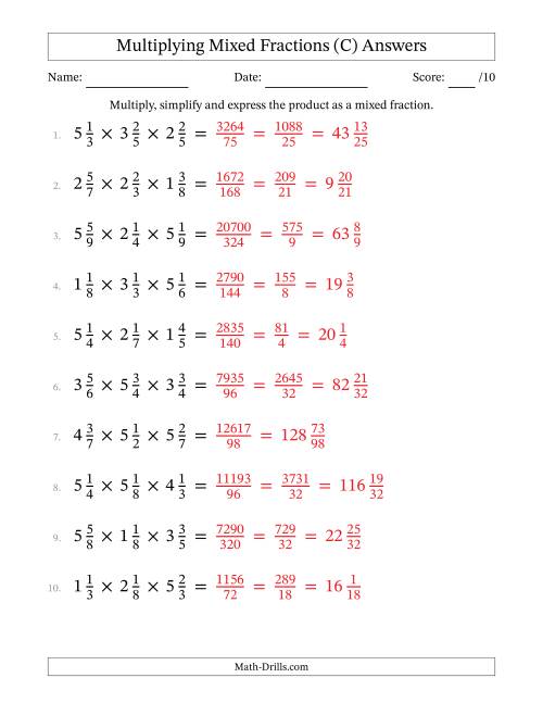 The Multiplying 3 Mixed Fractions (C) Math Worksheet Page 2