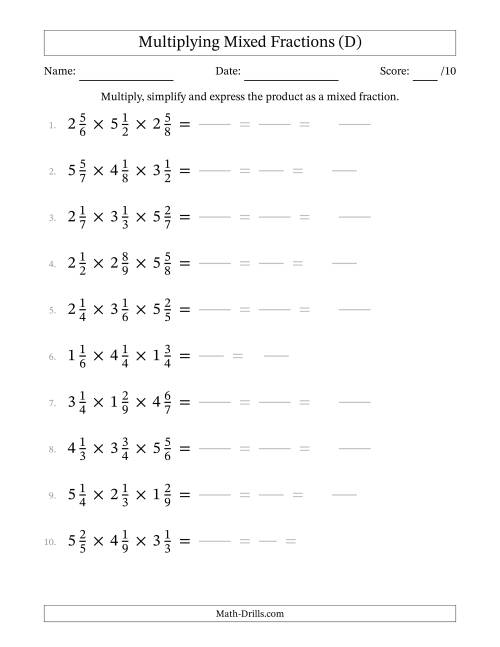 The Multiplying 3 Mixed Fractions (D) Math Worksheet