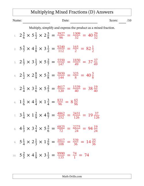 The Multiplying 3 Mixed Fractions (D) Math Worksheet Page 2