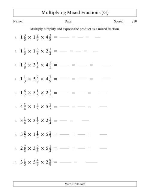 The Multiplying 3 Mixed Fractions (G) Math Worksheet