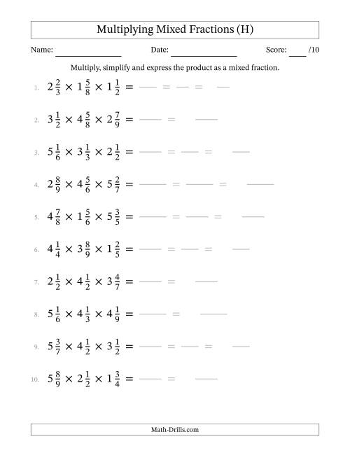 The Multiplying 3 Mixed Fractions (H) Math Worksheet
