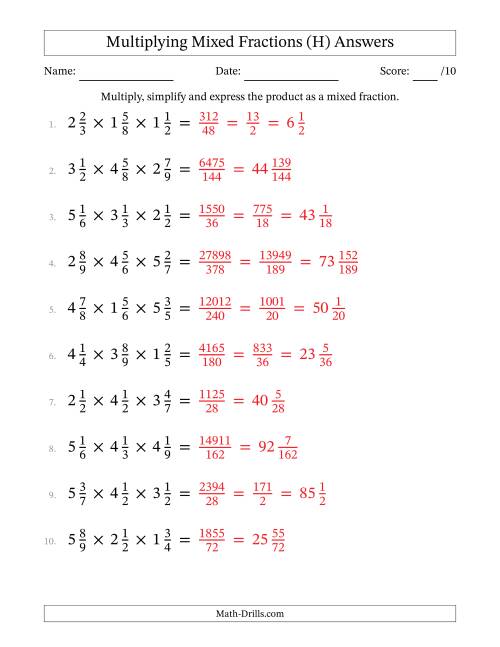The Multiplying 3 Mixed Fractions (H) Math Worksheet Page 2
