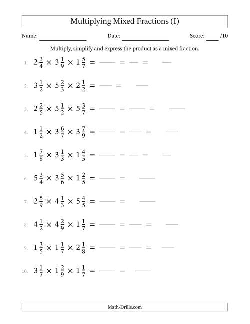 The Multiplying 3 Mixed Fractions (I) Math Worksheet