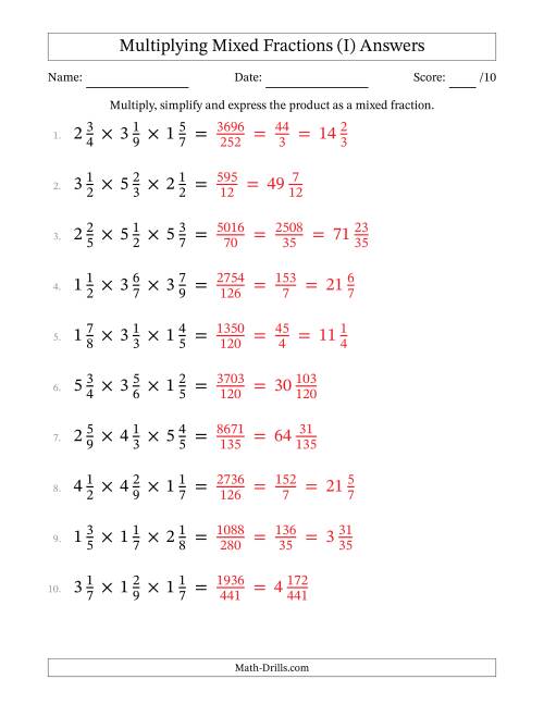 The Multiplying 3 Mixed Fractions (I) Math Worksheet Page 2