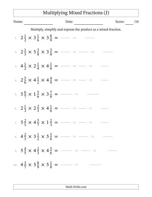 The Multiplying 3 Mixed Fractions (J) Math Worksheet