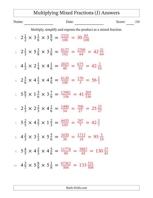 The Multiplying 3 Mixed Fractions (J) Math Worksheet Page 2