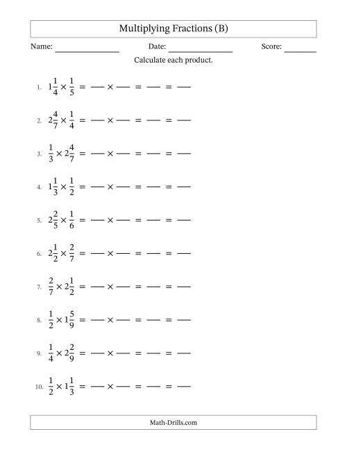 The Multiplying Fractions and Mixed Fractions (B) Math Worksheet