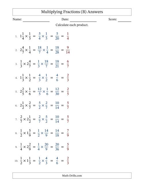 The Multiplying Fractions and Mixed Fractions (B) Math Worksheet Page 2