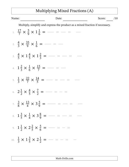 The Multiplying Proper, Improper and Mixed Fractions (3 Factors) (A) Math Worksheet