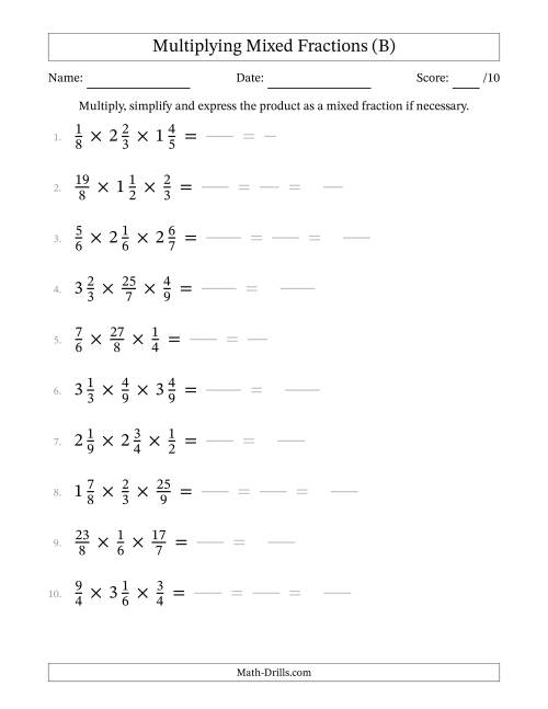 The Multiplying Proper, Improper and Mixed Fractions (3 Factors) (B) Math Worksheet
