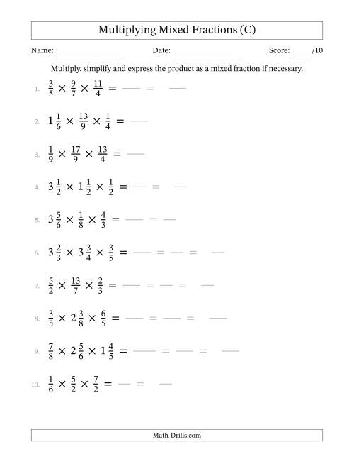 The Multiplying Proper, Improper and Mixed Fractions (3 Factors) (C) Math Worksheet