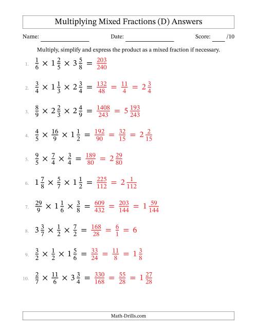 The Multiplying Proper, Improper and Mixed Fractions (3 Factors) (D) Math Worksheet Page 2