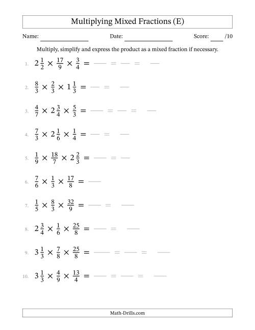 The Multiplying Proper, Improper and Mixed Fractions (3 Factors) (E) Math Worksheet