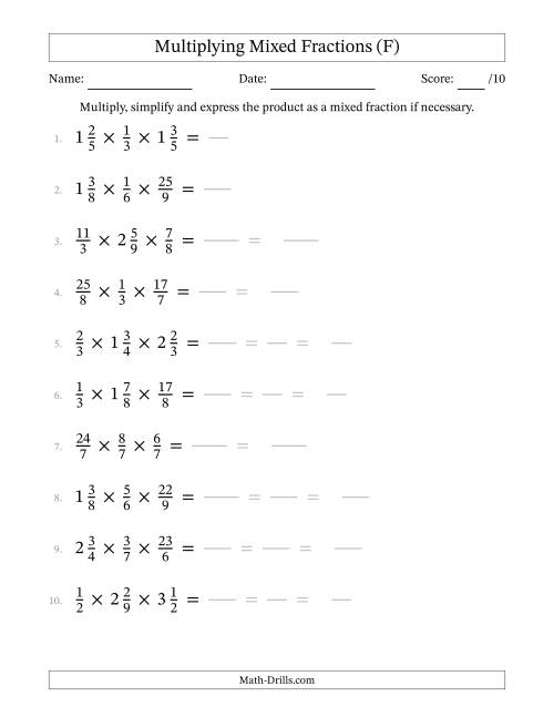 The Multiplying Proper, Improper and Mixed Fractions (3 Factors) (F) Math Worksheet