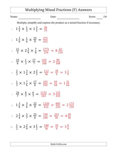 The Multiplying Proper, Improper and Mixed Fractions (3 Factors) (F) Math Worksheet Page 2