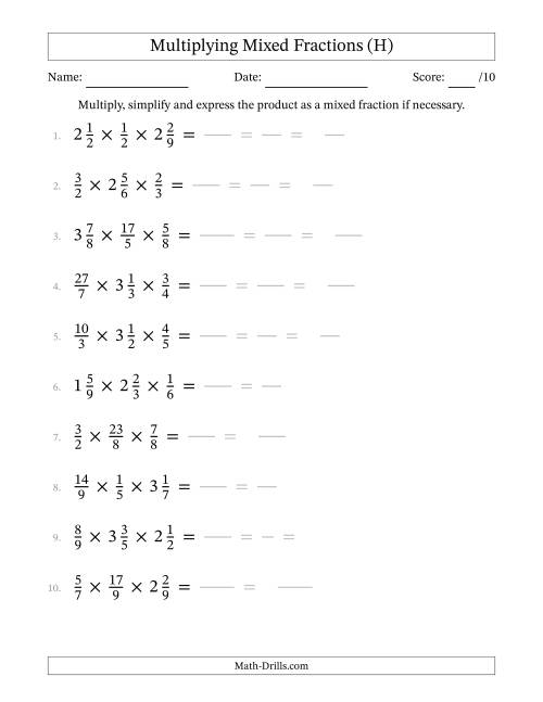 The Multiplying Proper, Improper and Mixed Fractions (3 Factors) (H) Math Worksheet