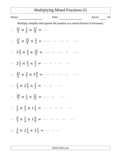 The Multiplying Proper, Improper and Mixed Fractions (3 Factors) (J) Math Worksheet