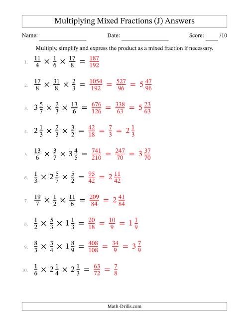 The Multiplying Proper, Improper and Mixed Fractions (3 Factors) (J) Math Worksheet Page 2