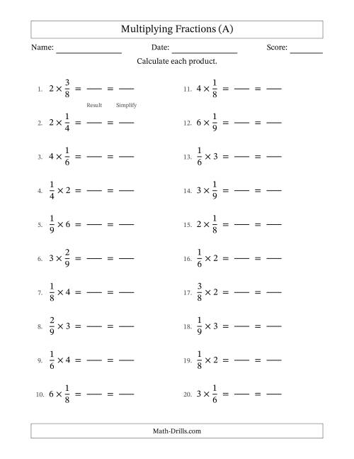 The Multiplying Fractions by Whole Numbers (A) Math Worksheet