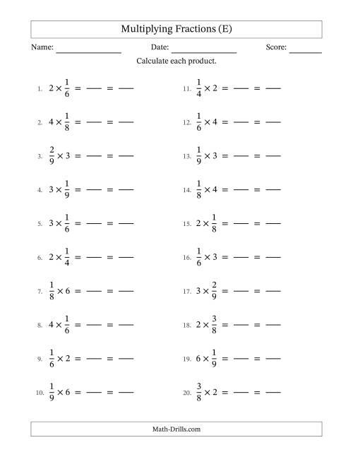 The Multiplying Fractions by Whole Numbers (E) Math Worksheet