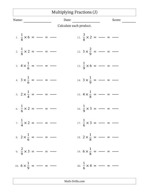 The Multiplying Fractions by Whole Numbers (J) Math Worksheet
