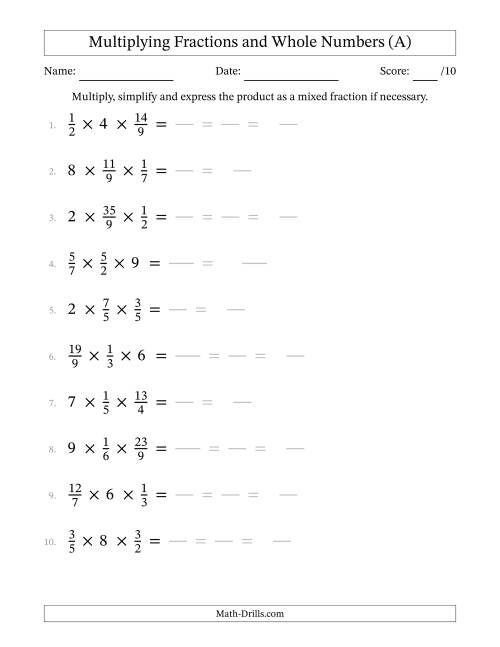 The Multiplying Proper and Improper Fractions and Whole Numbers (3 Factors) (A) Math Worksheet