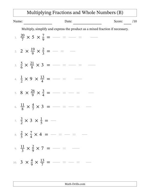 The Multiplying Proper and Improper Fractions and Whole Numbers (3 Factors) (B) Math Worksheet
