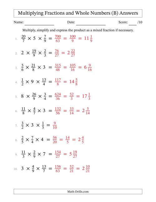 The Multiplying Proper and Improper Fractions and Whole Numbers (3 Factors) (B) Math Worksheet Page 2