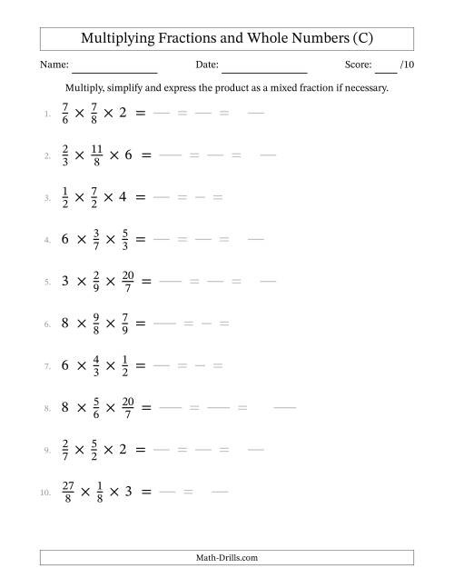 The Multiplying Proper and Improper Fractions and Whole Numbers (3 Factors) (C) Math Worksheet