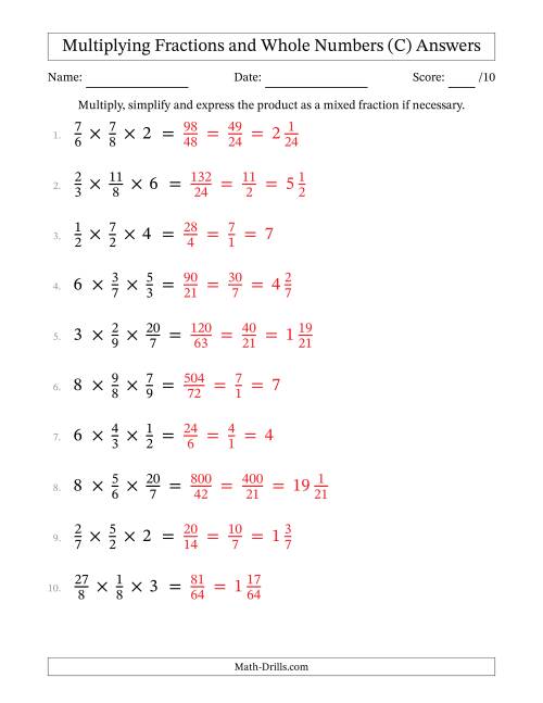 The Multiplying Proper and Improper Fractions and Whole Numbers (3 Factors) (C) Math Worksheet Page 2