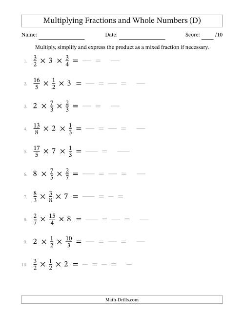 The Multiplying Proper and Improper Fractions and Whole Numbers (3 Factors) (D) Math Worksheet