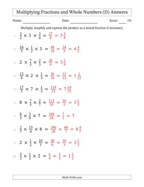 The Multiplying Proper and Improper Fractions and Whole Numbers (3 Factors) (D) Math Worksheet Page 2
