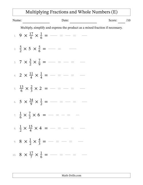 The Multiplying Proper and Improper Fractions and Whole Numbers (3 Factors) (E) Math Worksheet