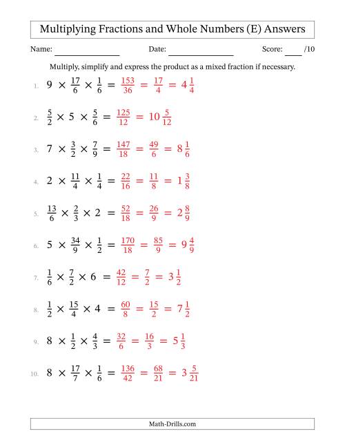 The Multiplying Proper and Improper Fractions and Whole Numbers (3 Factors) (E) Math Worksheet Page 2
