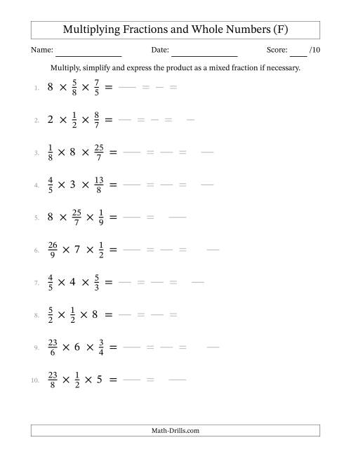 The Multiplying Proper and Improper Fractions and Whole Numbers (3 Factors) (F) Math Worksheet