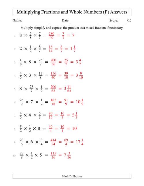 The Multiplying Proper and Improper Fractions and Whole Numbers (3 Factors) (F) Math Worksheet Page 2