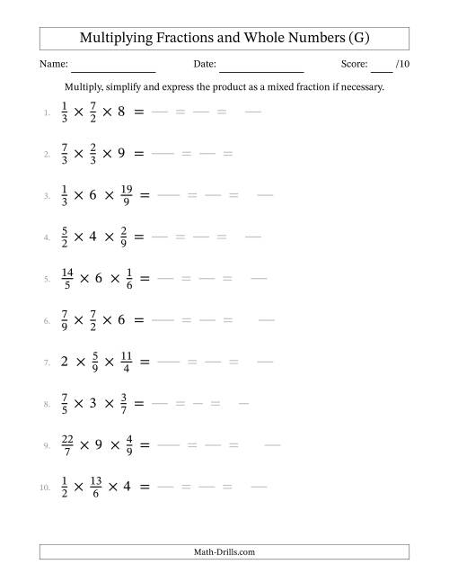 The Multiplying Proper and Improper Fractions and Whole Numbers (3 Factors) (G) Math Worksheet