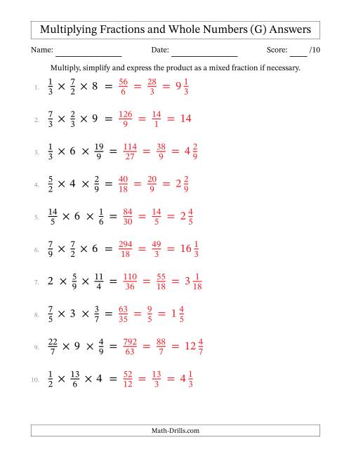 The Multiplying Proper and Improper Fractions and Whole Numbers (3 Factors) (G) Math Worksheet Page 2
