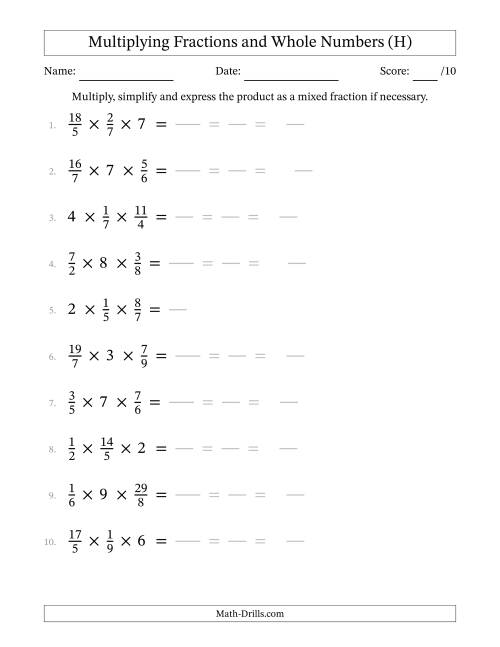 The Multiplying Proper and Improper Fractions and Whole Numbers (3 Factors) (H) Math Worksheet