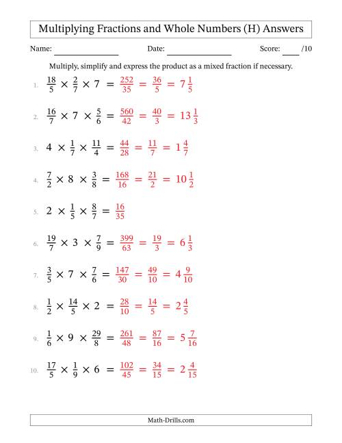 The Multiplying Proper and Improper Fractions and Whole Numbers (3 Factors) (H) Math Worksheet Page 2
