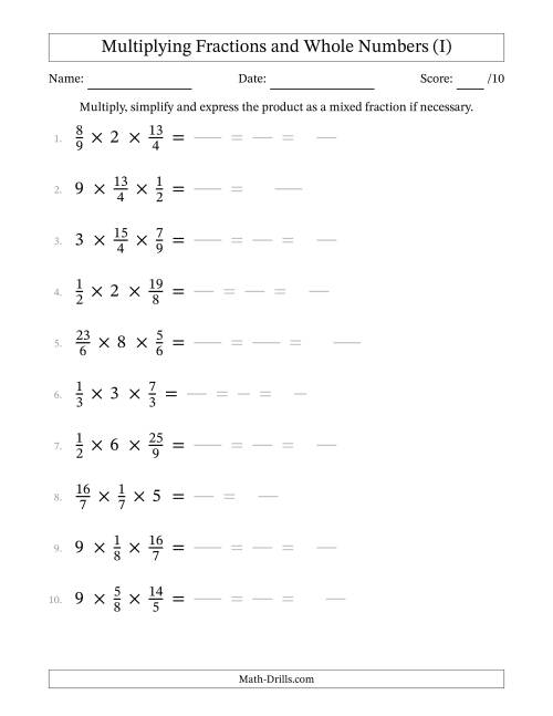 The Multiplying Proper and Improper Fractions and Whole Numbers (3 Factors) (I) Math Worksheet